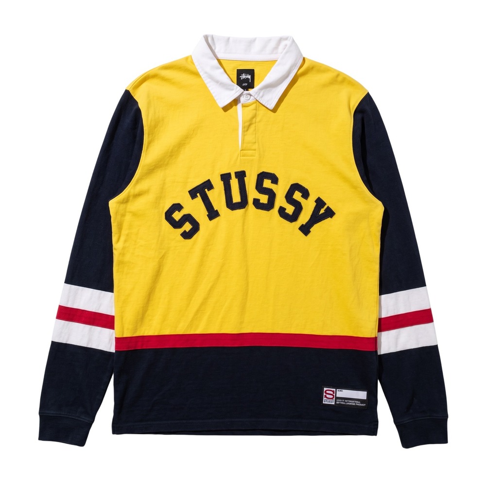 Stussy Rugby Shirt Long Sleeve Cotton Mens Large Yellow Navy Color Block Logo